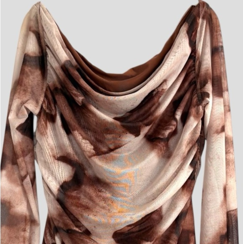 SHEIN BAE Mini Mesh Dress Sheer Cowl Neck Curve 2XL Mocha Cream Y2K Grunge Fairy - Picture 3 of 8
